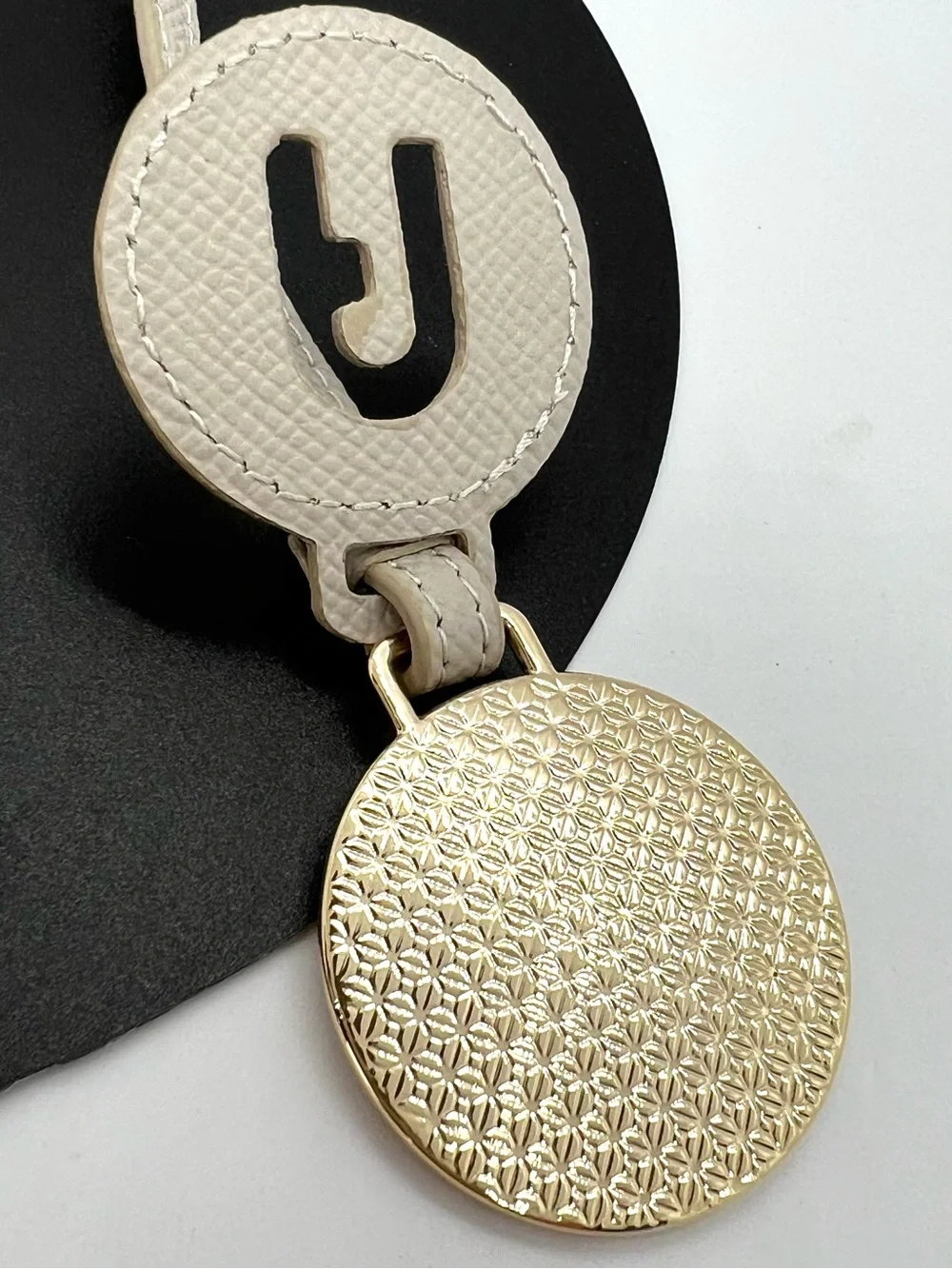 Furla Leather Gold Arch Round Logo Handbag Bag Charm Key Ring Beige